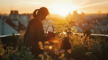 A woman waters plants on a rooftop garden during sunset, embodying urban gardening and the peaceful coexistence with nature in city life.