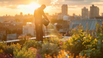 A woman waters plants on a rooftop garden during sunset, embodying urban gardening and the peaceful coexistence with nature in city life.