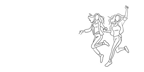 Two happy girlfriends jumping continuous line art drawing isolated on white background. Jumping girls line art. Vector illustration