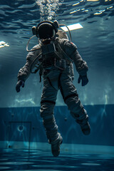 Underwater zero gravity. A spaceman simulates weightlessness of space in a cosmonaut training facility. Preparing for the cosmos. Astronaut training underwater. Simulated space conditions.