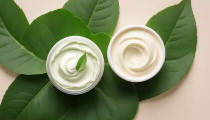 Open cream with green leaf on background. Organic skin care concept with green leaves. top view