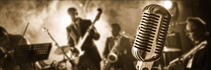 A vintage microphone stands as a symbol of the jazz era, as the band's melodies fill the air with soulful improvisation.
