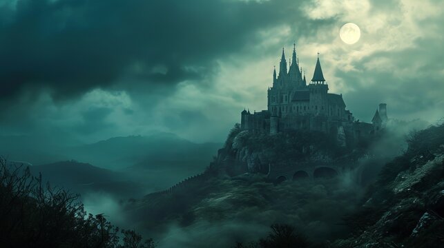Eerie Fortress Overlooking Mist-Enveloped Forest Under Full Moon