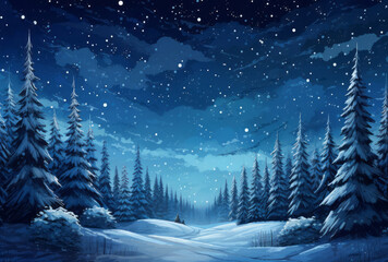 A snowy landscape at night is full of conifers and lights, creating spectacular backdrops in sky-blue. - obrazy, fototapety, plakaty