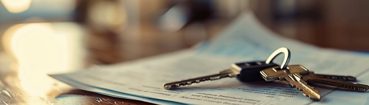 Eviction notice closeup with keys, realistic portrayal of debt impact, blurred apartment backdrop