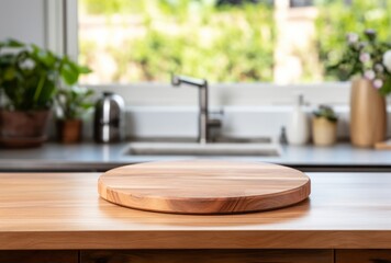 A wooden board sits on the countertop, its circular shapes, soft edges, blurred details, and exacting precision apparent. - obrazy, fototapety, plakaty