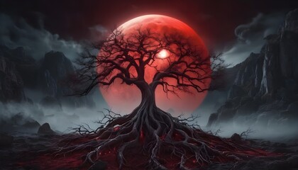 A surreal landscape illuminated by the radiant glow of a blood-red moon, revealing a mystical tree...
