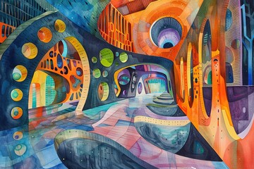 Colorful, detailed futuristic view, watercolor, hand-drawn style