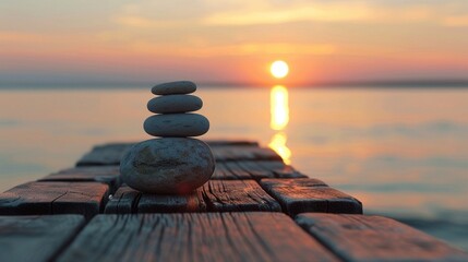 Closeup yoga balance, outdoor on wooden pier, sunset over water backdrop, peaceful empty space