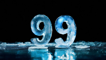 Number 99 made of water ice on black background. Cold blue figure. 3D rendering.