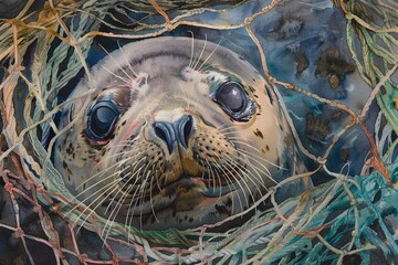 Fototapeta premium Closeup watercolor of a seal entangled in netting, undersea trash issue, space for solution dialogue