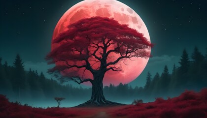 A breathtaking view of a tranquil forest bathed in the surreal glow of a crimson moon, with a lone, majestic tree standing as a sentinel of the night. - obrazy, fototapety, plakaty