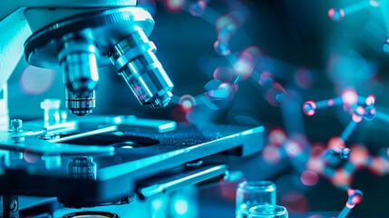 technology science background, banner. abstract medical banner with various bacteria under a microscope, blue color, copyspace