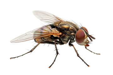 Close up of housefly Insect isolated on transparent png background, entomology collection, anatomy of insect concept.