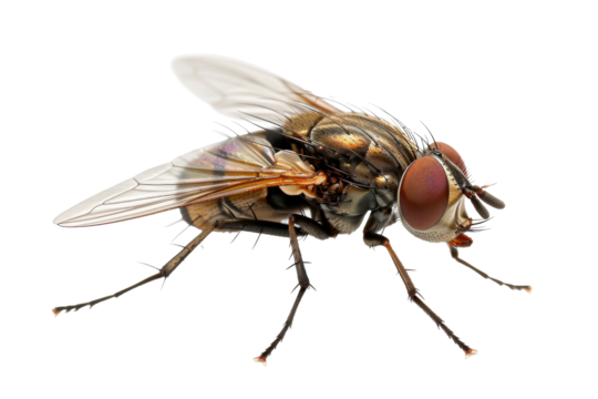 Close up of housefly Insect isolated on transparent png background, entomology collection, anatomy of insect concept.