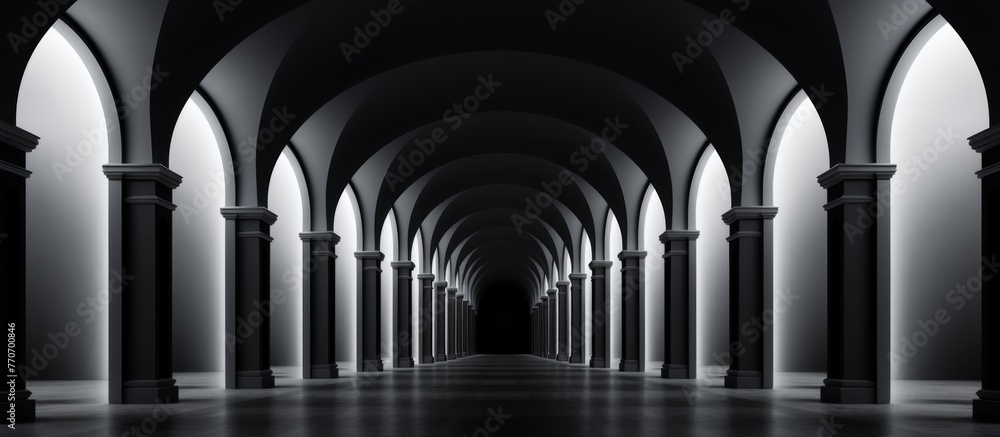 Poster a monochrome photo of a dark hallway with black arches and columns creating a symmetrical arcade. th