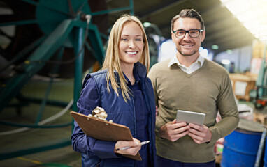 Owners, smile and product manufacturing for warehouse, industry and portrait for storage....
