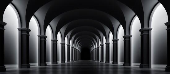 Fototapeta premium A monochrome photo of a dark hallway with black arches and columns creating a symmetrical arcade. The play of tints and shades add depth and dimension to the composite material of the vaulted ceiling