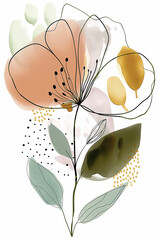 Abstract floral line art illustration. Contemporary minimalist line drawing of flowers with abstract shapes and pastel colors