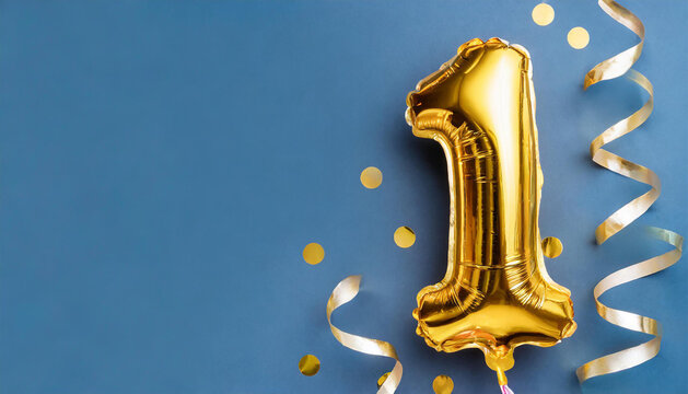 Banner with number 1 golden foil balloon with copy space. One year anniversary celebration.