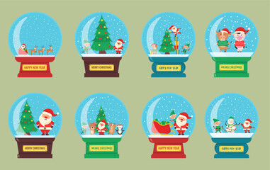 Christmas glass ball with holiday related interior in flat linear style. Souvenir snow globe with small town in winter. Christmas characters inside a snow globe. Vector illustration