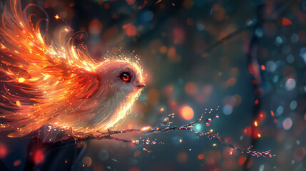 An ethereal depiction of a cute creature with wings inspired by the Firebird myth.