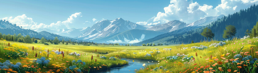 An idyllic meadow with rolling hills and a crystal-clear stream running through it.