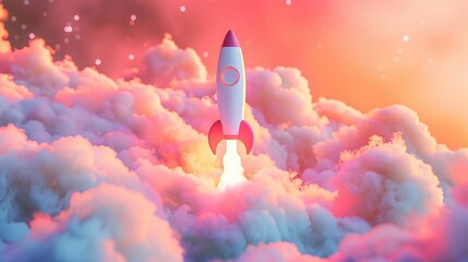 3D rocket icon setting off, on pastel nebula background, exploration theme, tranquil light