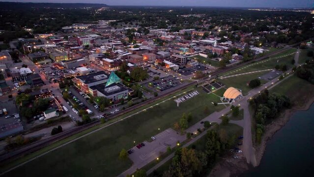 Drone footage of the cityscape of New Albany on Ohio River at sunset in Indiana, United States