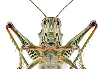 Close up of Grasshopper Insect isolated on transparent png background, entomology collection, anatomy of insect concept. - obrazy, fototapety, plakaty