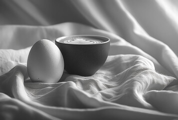 - black and white, one white egg with coffee and drapery, generative ai