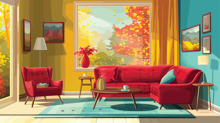 Living room in yellow red turquoise colors. Red sof