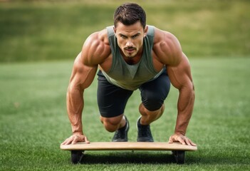 A man performs push-ups outdoors on a sunny day. The focus is on his strength and commitment to...