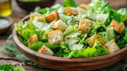 Fresh Green Caesar Salad with Croutons in Wooden Bowl - obrazy, fototapety, plakaty