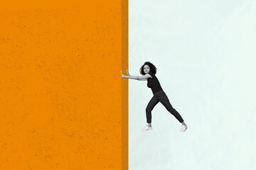 Creative abstract photo collage young calm woman balance holding geometric wall hard strong orange...
