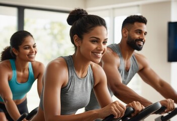 A group of people engage in a cardio workout on machines in a gym. They share the experience of a healthy lifestyle.