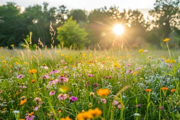 Obraz na płótnie Canvas Landscape with many different wildflowers, in sunlight
