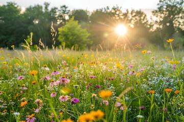Obraz premium Landscape with many different wildflowers, in sunlight