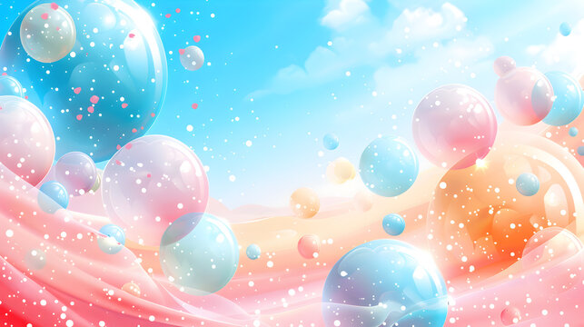 Multicolored bubbles sit on a pastel background that resembles liquid waves with a view of the sky.