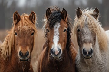 Stunning close-up image showing the graceful and calm expressions of three diverse horses