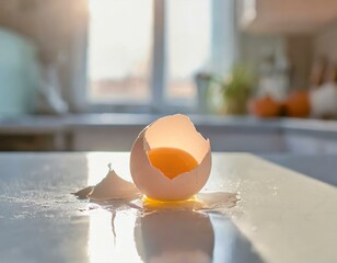 A raw egg broken on a sunny kitchen counter, with morning light casting a warm glow on the mess, a moment of chaos in the day's start - obrazy, fototapety, plakaty