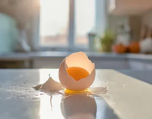 Fotobehang A raw egg broken on a sunny kitchen counter, with morning light casting a warm glow on the mess, a moment of chaos in the day's start © patsai