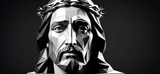 Jesus Christ in low poly 3d style isolated on black background with copy space. Can be used as religious background or wallpaper.