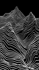 Digital illustration of stylized mountains using white lines on a black background, creating a mesmerizing 3d effect