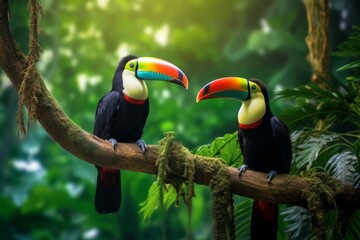 Obraz premium Toucans sitting on a branch in the tropical forest