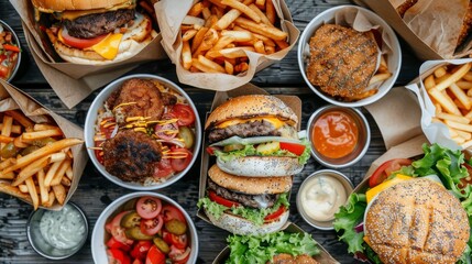 A tempting spread of fast food featuring burgers, fries, and fried snacks with a variety of sauces on a wooden table.