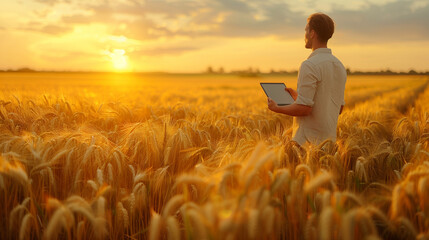 Man Standing in Wheat Field Holding Tablet. - obrazy, fototapety, plakaty