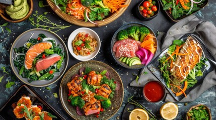 A vibrant selection of keto-friendly dishes, featuring fresh sashimi, grilled meats, and a variety of vegetables, artistically plated.
