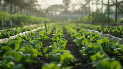 Rows of young bok choy growing in the rich soil of a sunlit greenhouse, showcasing sustainable agriculture. - obrazy, fototapety, plakaty