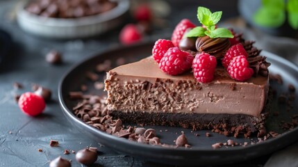 A slice of rich chocolate cheesecake topped with fresh raspberries and mint leaves, served on a dark plate.